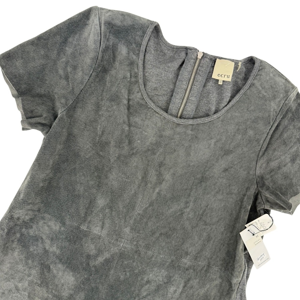 Ecru Shadow Grey Suede Leather Front Mixed Media Short Sleeve Top M